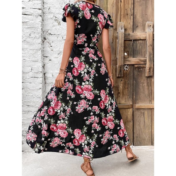 short sleeve high low Floral Print Ruffle Hem midi Dress - Picture 6 of 11